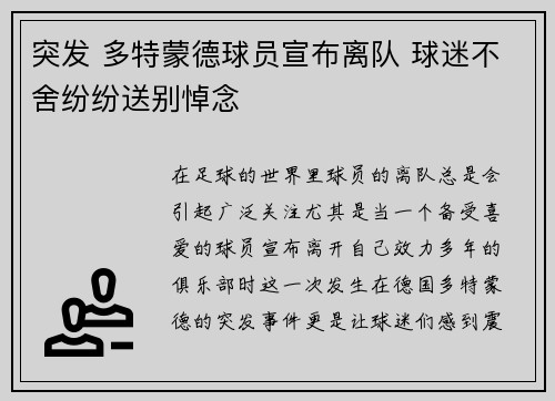 突发 多特蒙德球员宣布离队 球迷不舍纷纷送别悼念